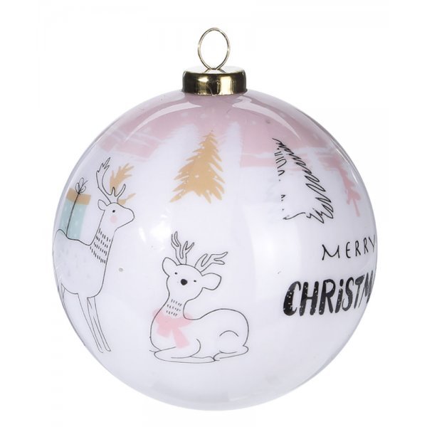 Χριστουγεννιάτικη Μπάλα Λευκή, με Ταρανδάκια και Ευχές (10cm)